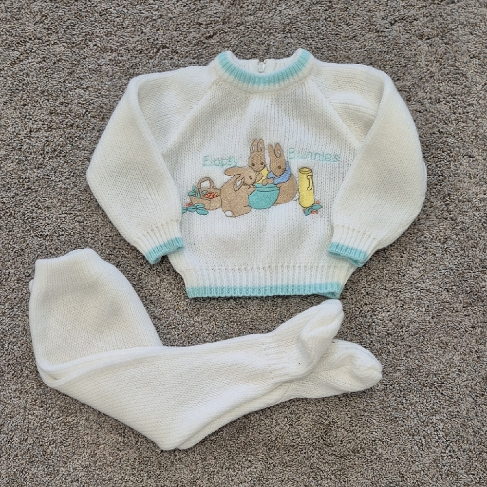 Vintage Easter White and Blue Bunny Sweater Set